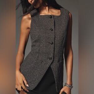 ANTHROPOLOGIE Maeve Tweed Vest Top Black Speckled Button Front Tailored Large